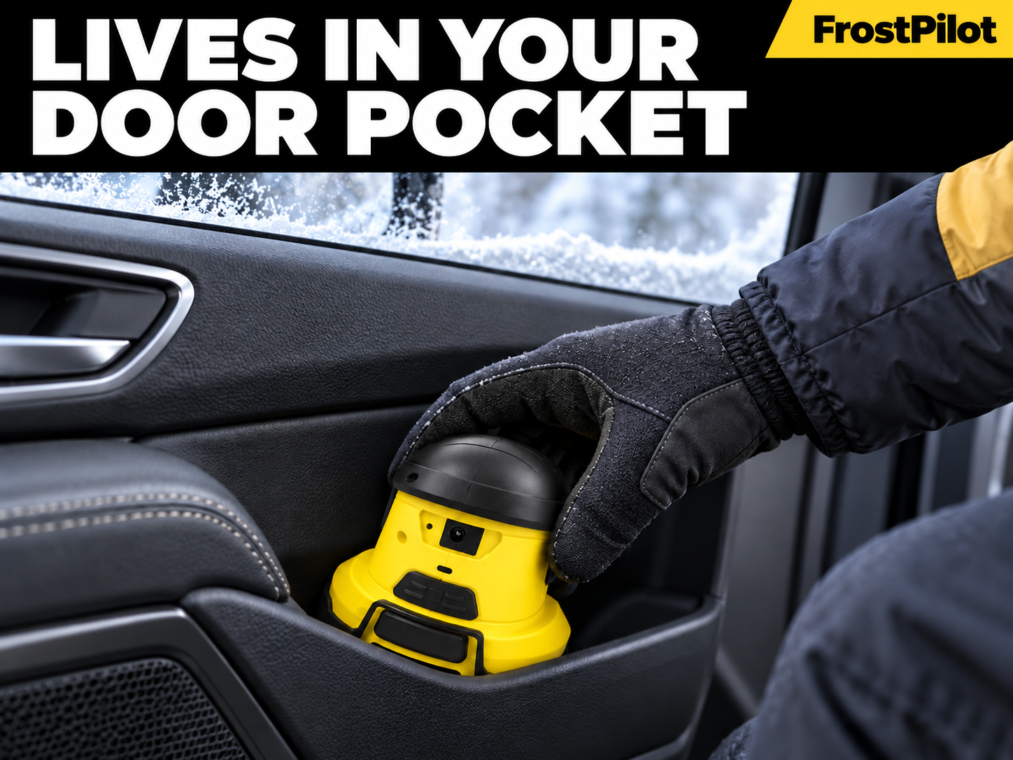 A gloved hand placing the compact FrostPilot scraper in a car door pocket