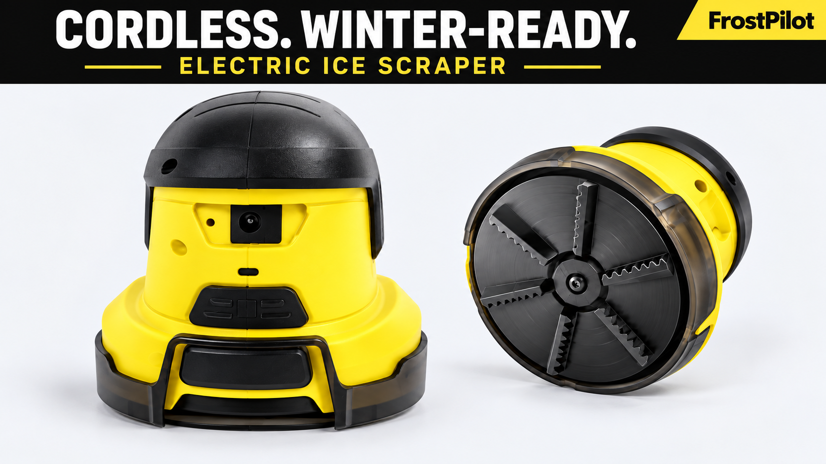 Front and underside views of the cordless FrostPilot electric ice scraper