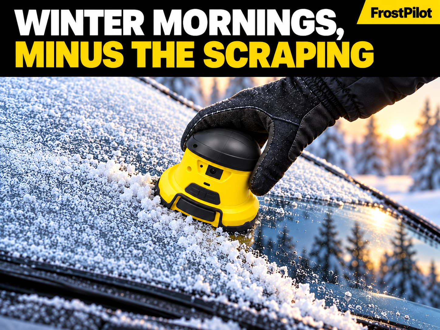 FrostPilot clearing frost from a windshield on a winter morning